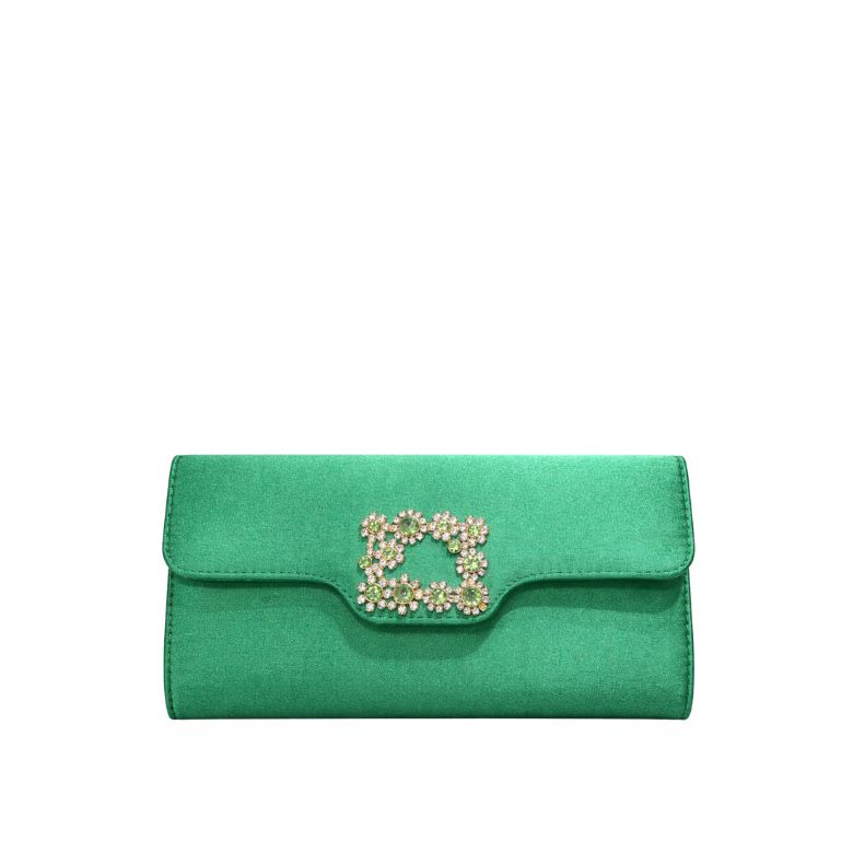 pochette verde smeraldo satinata con fibbia a gioiello floreale