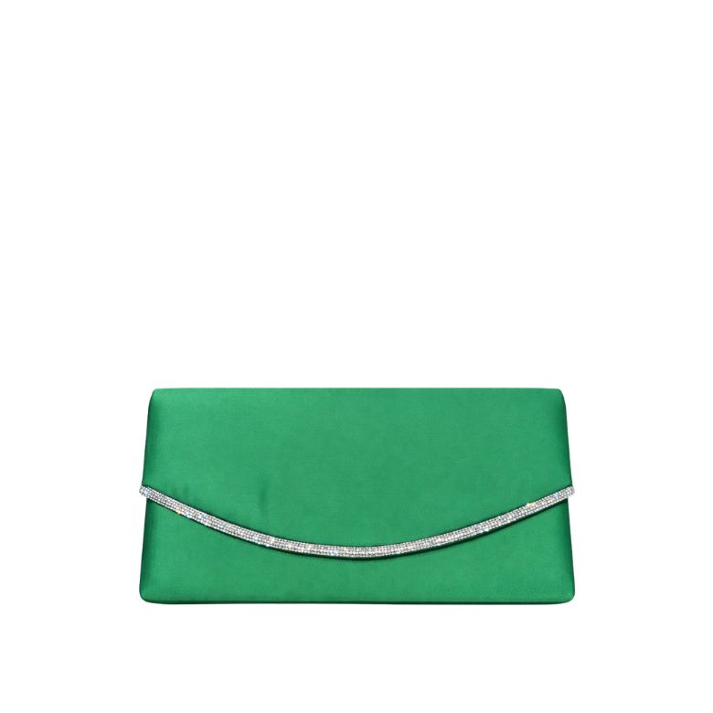 pochette verde smeraldo satinata con dettaglio di strass