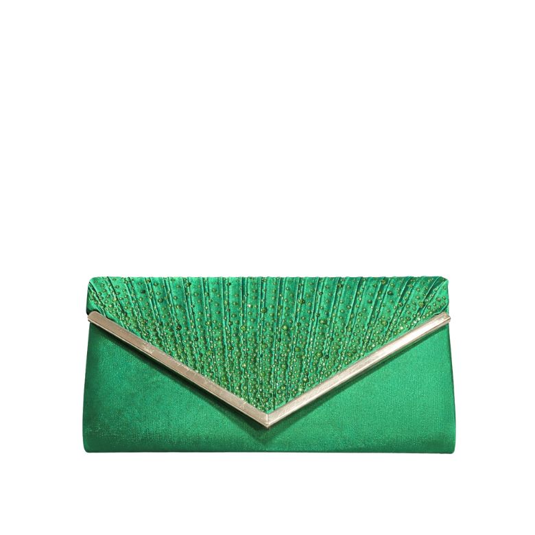 pochette verde smeraldo satinata con patta decorata e profilo metallico