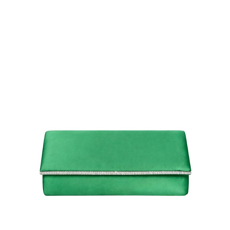 pochette verde smeraldo satinata con profilo di strass lineare