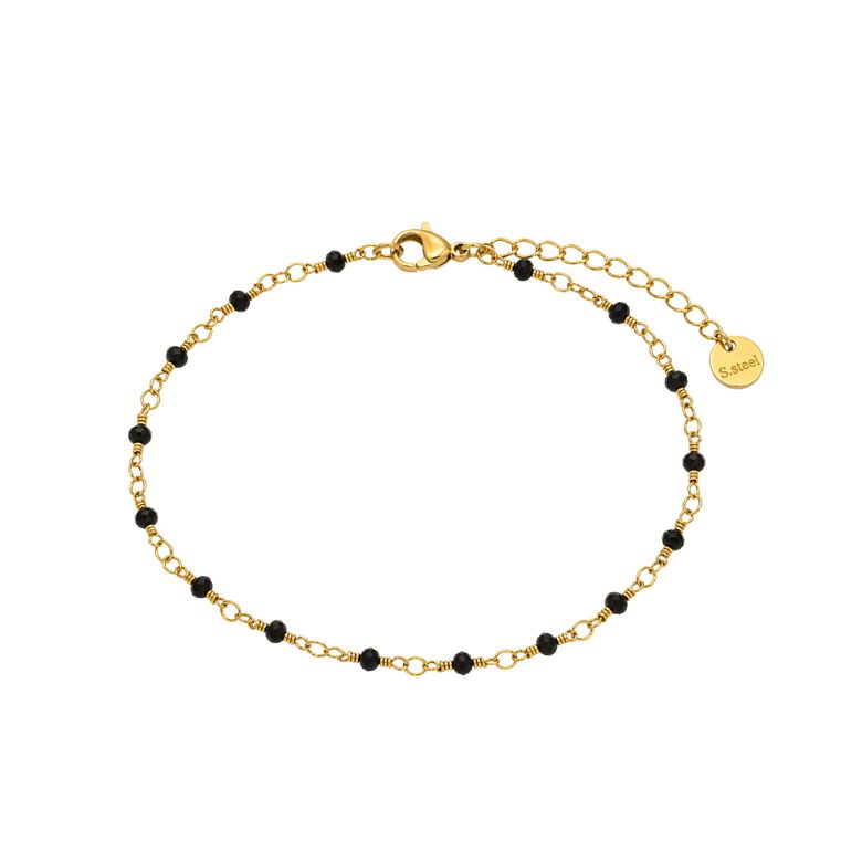 Bracciale acciaio dorato con perline nere sottili. Design elegante e minimalista per un look raffinato.