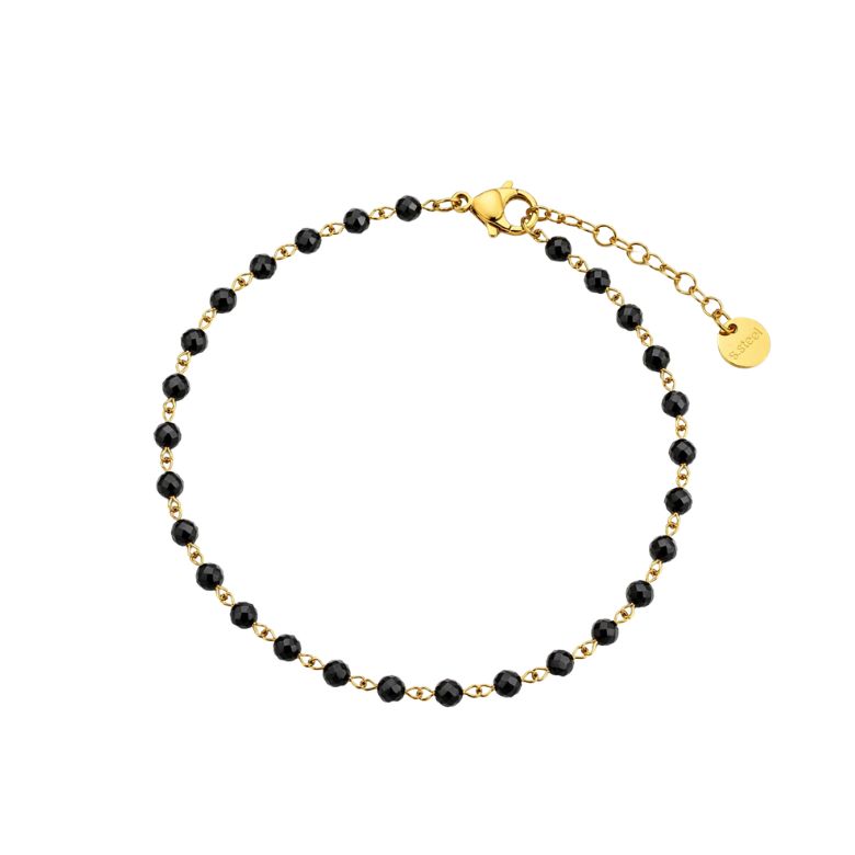 Bracciale acciaio dorato con perline nere: elegante accessorio moda.