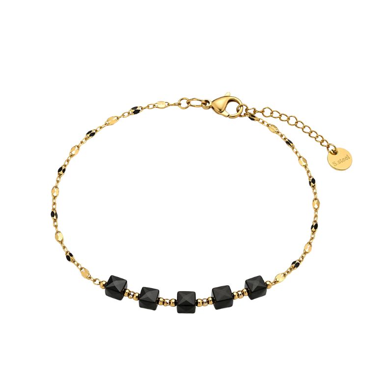 Bracciale acciaio dorato con pietre nere geometriche: elegante accessorio moda.