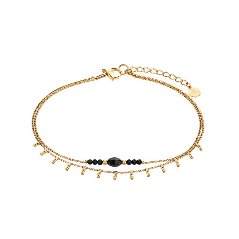 Elegante bracciale acciaio dorato doppio con perline nere e charms pendenti.
