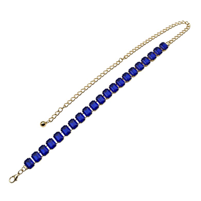 Cintura gioiello acciaio dorato con pietre blu. Elegante accessorio moda.