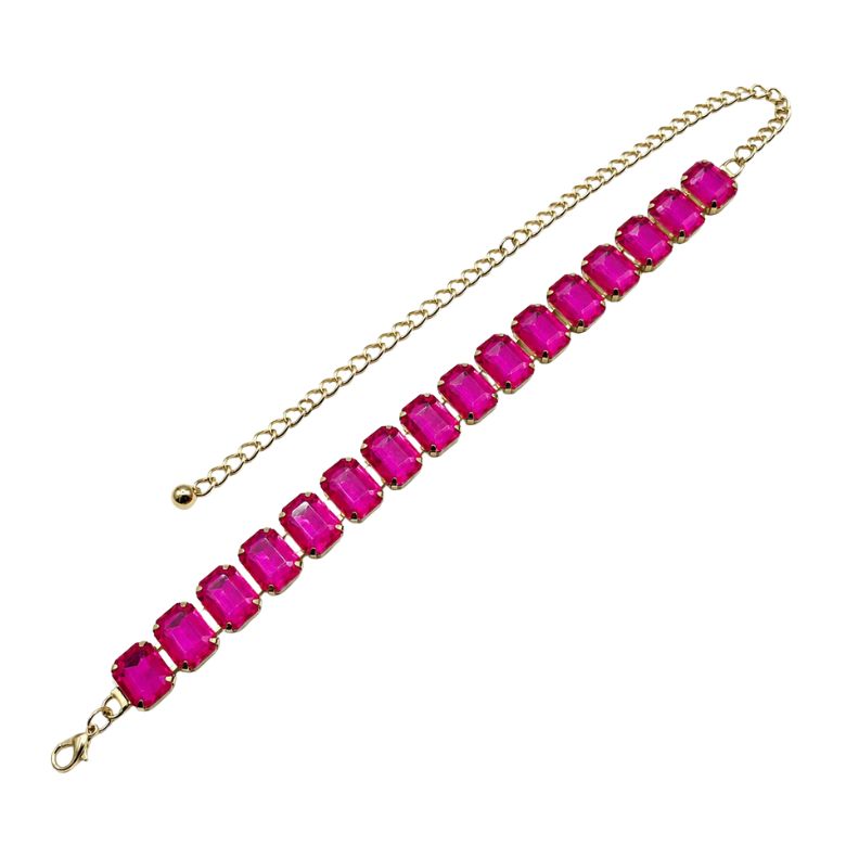 Cintura gioiello acciaio dorato con pietre fucsia. Accessorio moda.