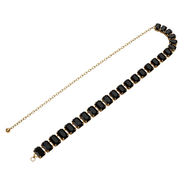 Cintura gioiello acciaio dorato con pietre nere. Elegante accessorio moda.
