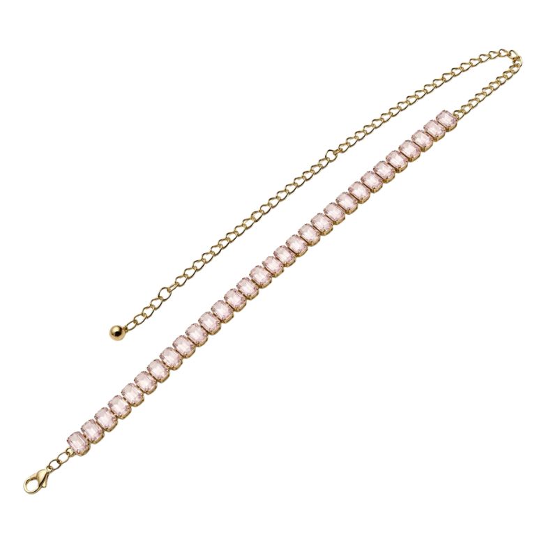 Cintura gioiello acciaio dorato con pietre rosa grandi. Accessorio moda elegante.