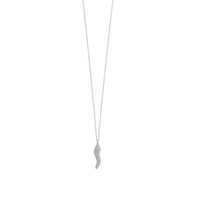 Elegante collana in acciaio argentato con ciondolo corno luminoso.