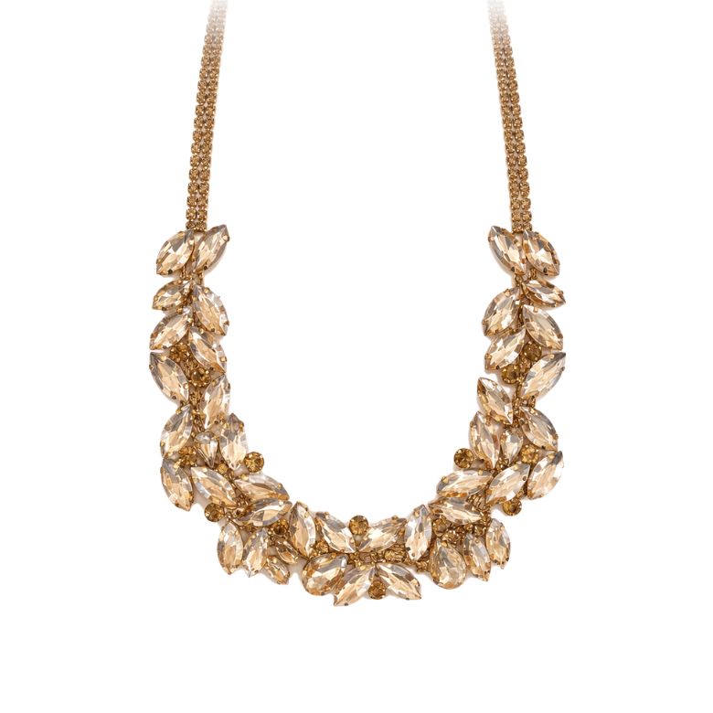 collana in acciaio dorato con cristalli beige a foglia