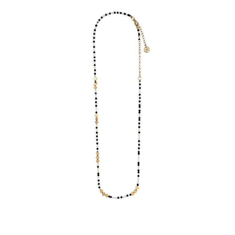 collana in acciaio dorato con perline nere e bianche e dettagli dorati minimal