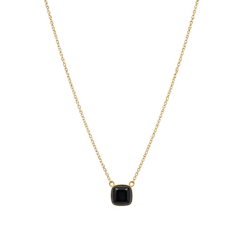 Collana acciaio dorato con pietra nera quadrata. Elegante e raffinata.