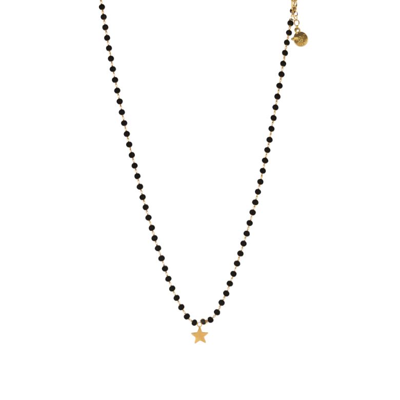 collana in acciaio dorato con sfere nere e ciondolo stella