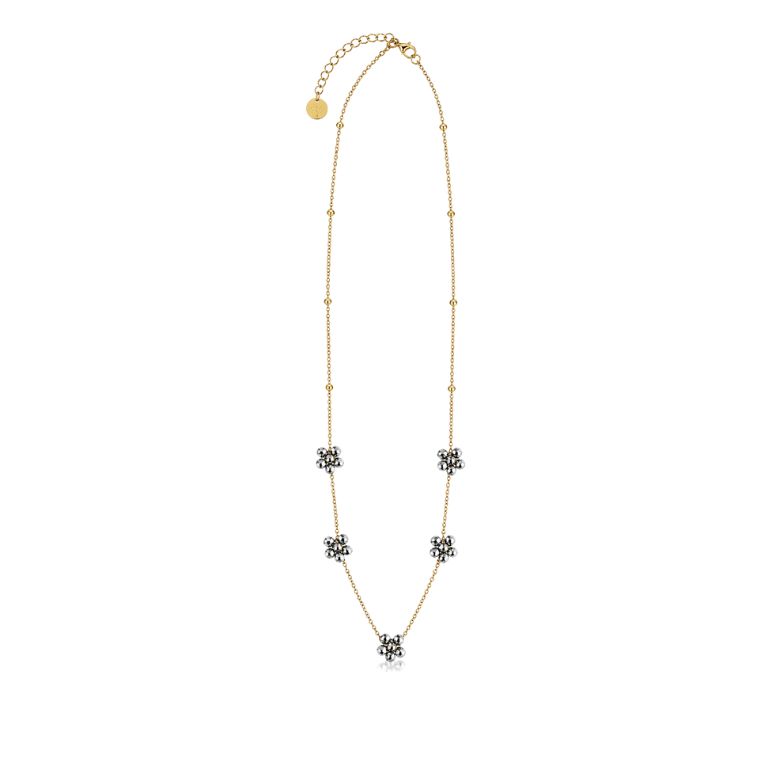 Collana lunga acciaio dorato con grappoli argentati. Elegante e raffinata.