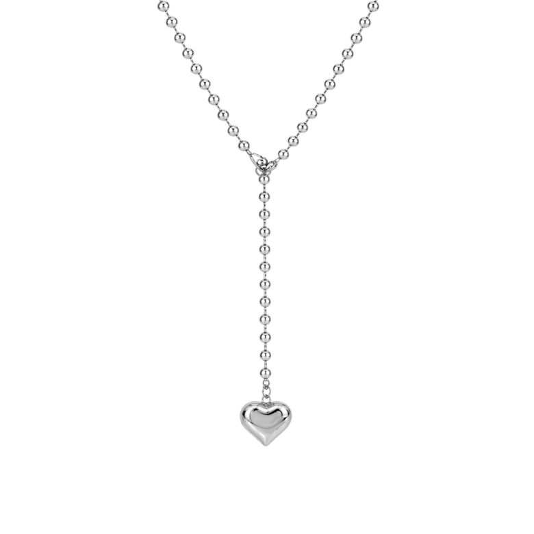 Elegante collana rosario lunga in acciaio argentato con ciondolo a cuore. Raffinata e di tendenza.