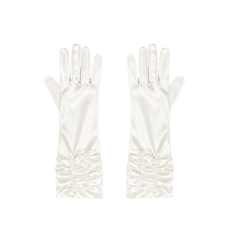 Eleganti guanti da sposa in raso bianco con arricciatura, raffinati e perfetti per il giorno del matrimonio.
