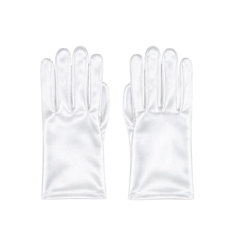 Eleganti guanti da sposa in raso bianco, corti e classici per un look raffinato. Accessori sposa.