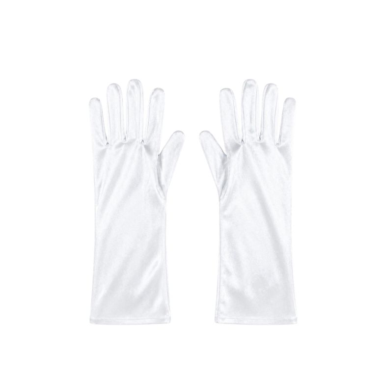 Eleganti guanti da sposa in raso bianco, lunghi e classici. Accessori perfetti per il giorno del matrimonio.
