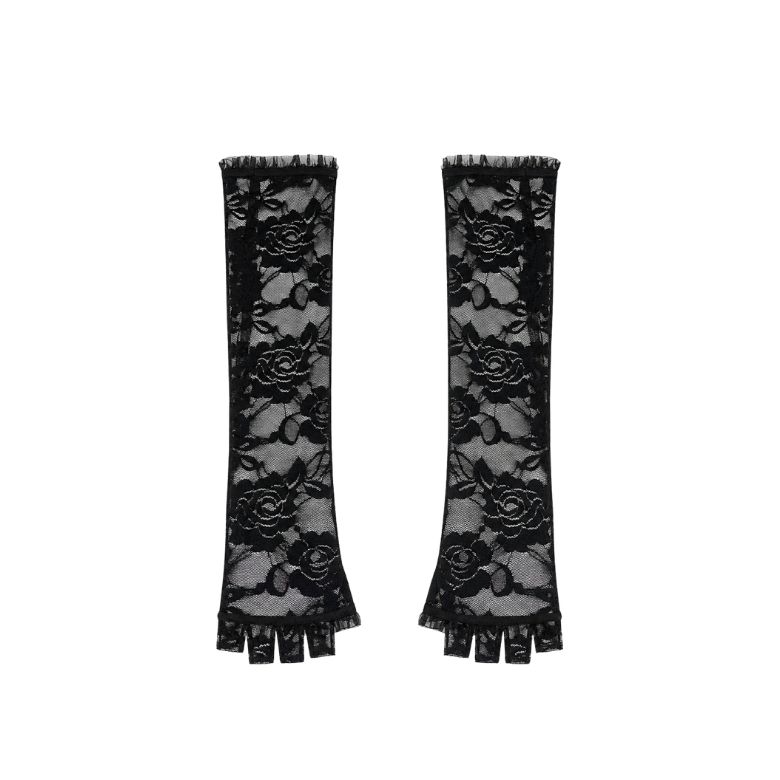 Eleganti guanti da sposa senza dita in pizzo nero con balza, perfetti per un look sofisticato.