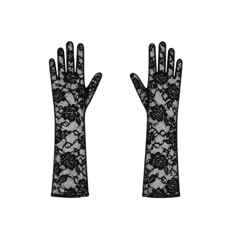 Eleganti guanti lunghi da sposa in pizzo nero con motivo floreale raffinato. Accessorio sposa.
