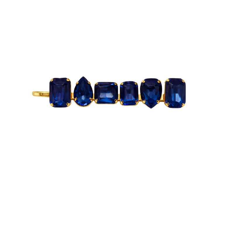 Elegante molletta capelli acciaio dorato con pietre blu multiforma. Accessorio di moda.