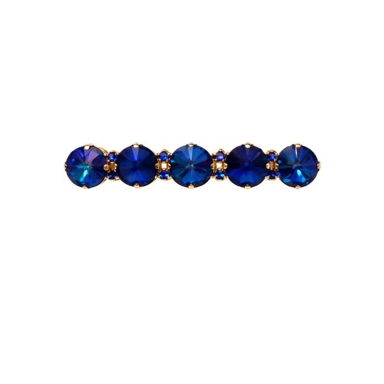Elegante molletta per capelli dorata con pietre blu tonde. Accessorio moda.