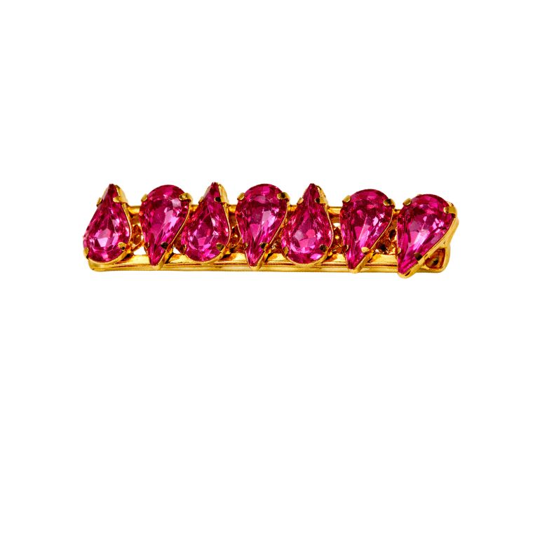 Elegante molletta per capelli dorata con pietre fucsia a goccia. Accessorio moda esclusivo.