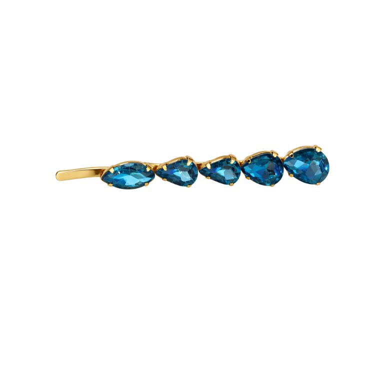 Elegante molletta per capelli dorata con turchesi a goccia. Accessorio moda capelli.