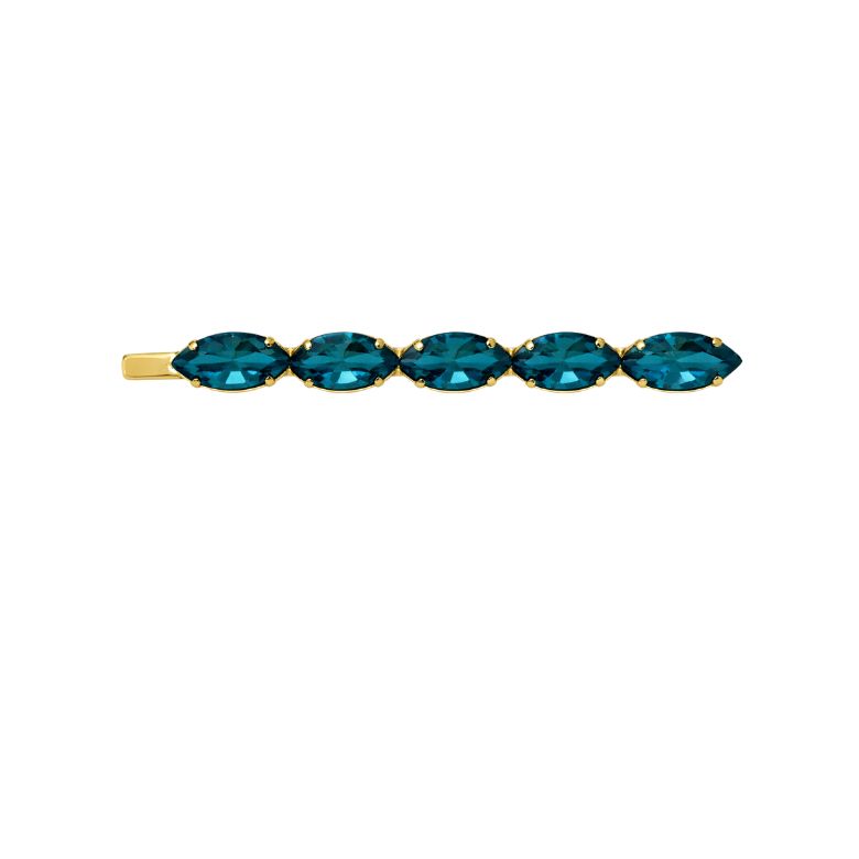 Elegante molletta per capelli dorata con turchesi a goccia. Accessorio moda capelli.