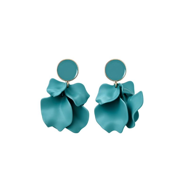 Eleganti orecchini azzurri in acciaio dorato con design a fiore ampio.