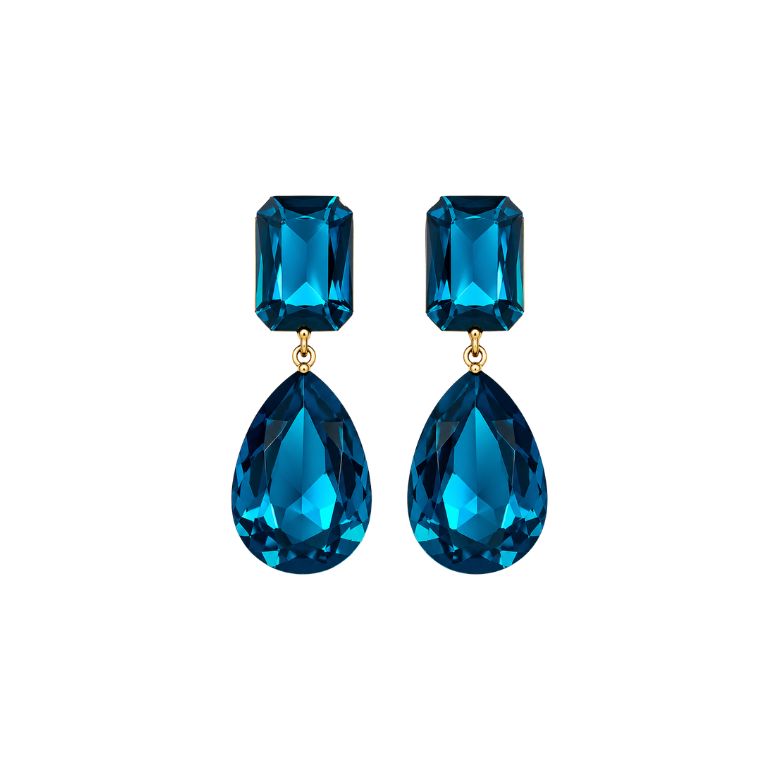 Eleganti orecchini azzurri acciaio dorato con pietre rettangolari e goccia cristallo.