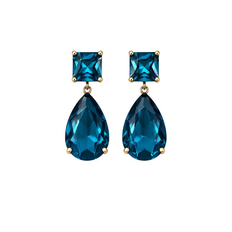 Eleganti orecchini azzurri in acciaio dorato con pietre rettangolari e goccia pendente.