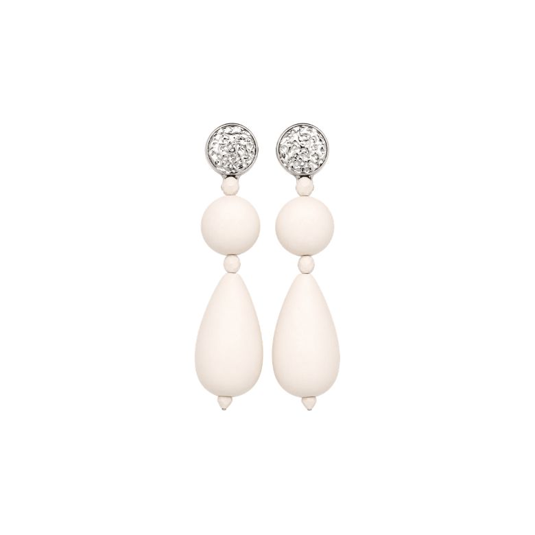 Orecchini bianchi in acciaio argentato con sfere e goccia design elegante