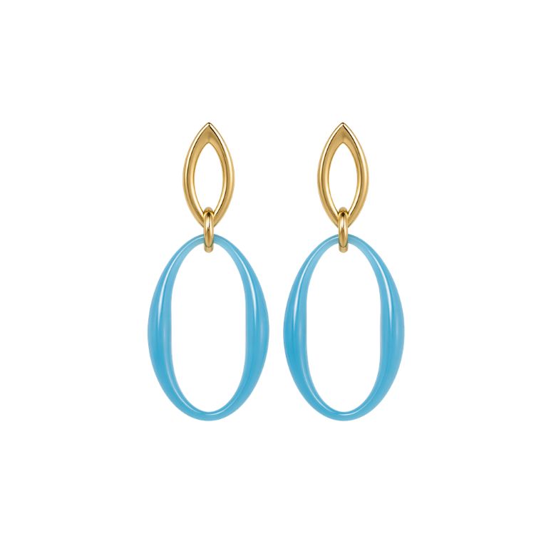 Eleganti orecchini ovali azzurri in acciaio dorato. Design geometrico raffinato, perfetti per ogni occasione.