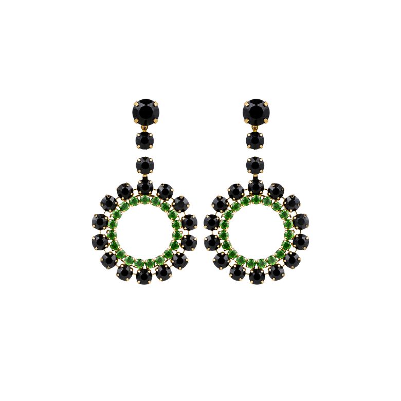 Eleganti orecchini cerchio verde smeraldo e nero in acciaio dorato con cristalli.