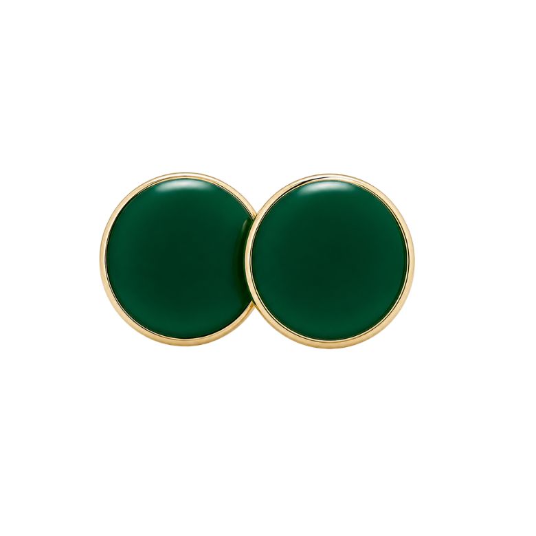 Eleganti orecchini verde smeraldo in acciaio dorato a bottone, perfetti per ogni occasione.