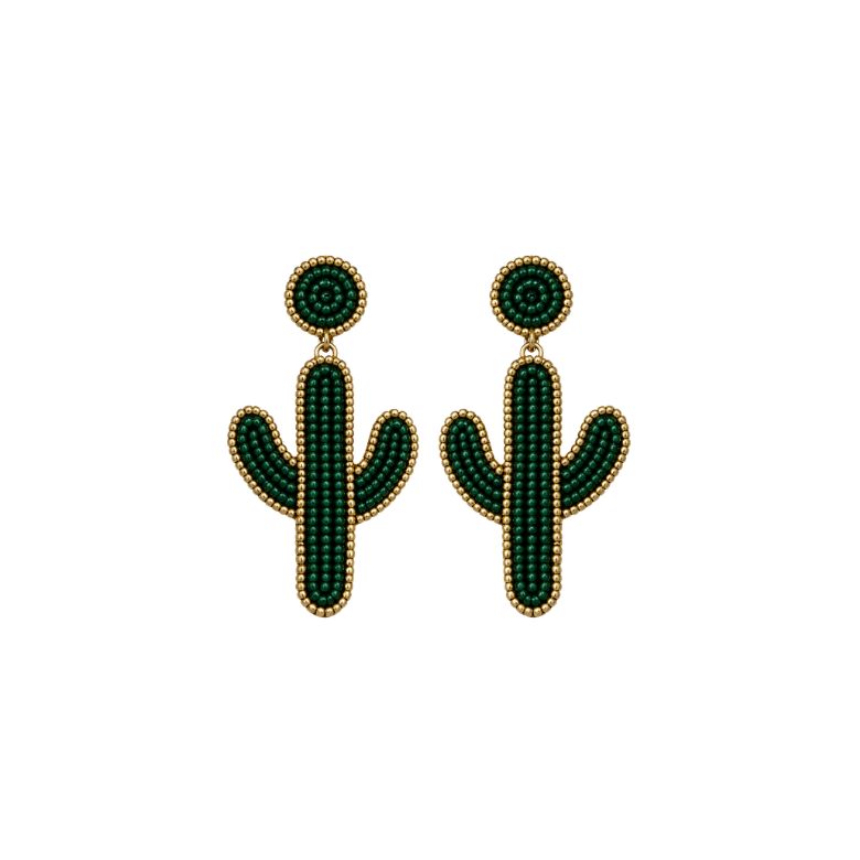 Orecchini verde smeraldo a forma di cactus in acciaio dorato. Accessorio moda.