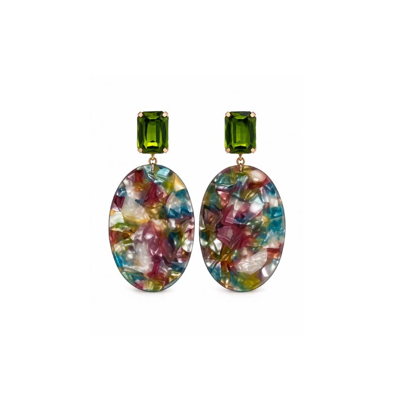Orecchini pendenti ovali acciaio dorato con verde smeraldo e multicolor.