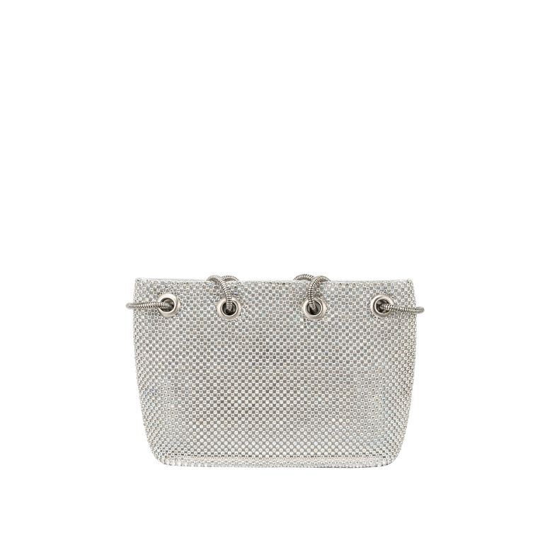 pochette argento morbida con strass all over e chiusura a coulisse