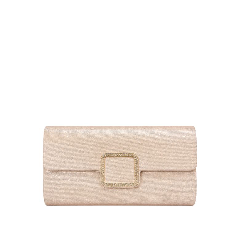 pochette chamoagne con fibbia quadrata gioiello e finitura satinata