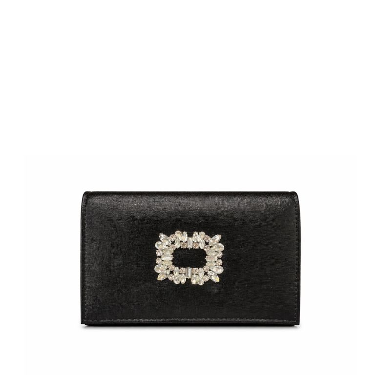 pochette nera con fibbia gioiello in finitura metallizzata
