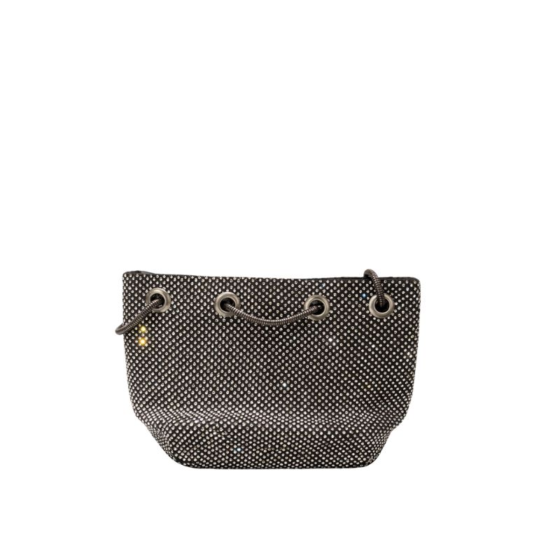 pochette nera morbida con strass all over e chiusura a coulisse