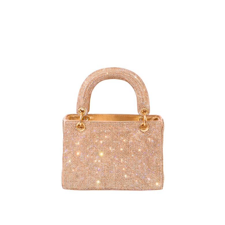 pochette oro rosa con strass all over e manico rigido