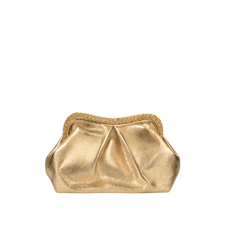 pochette oro rosa morbida con drappeggio frontale e chiusura a gioiello