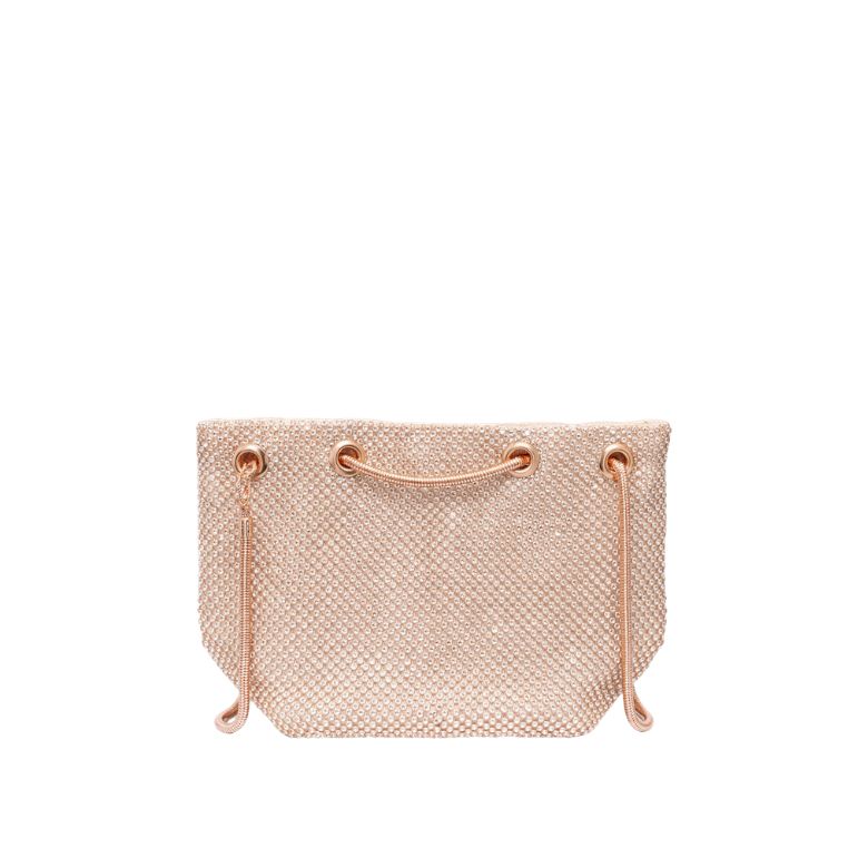 pochette oro rosa morbida con strass all over e chiusura a coulisse