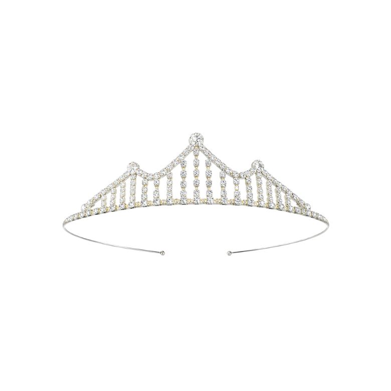 tiara in acciaio argentato con cristalli a motivo verticale e punto luce