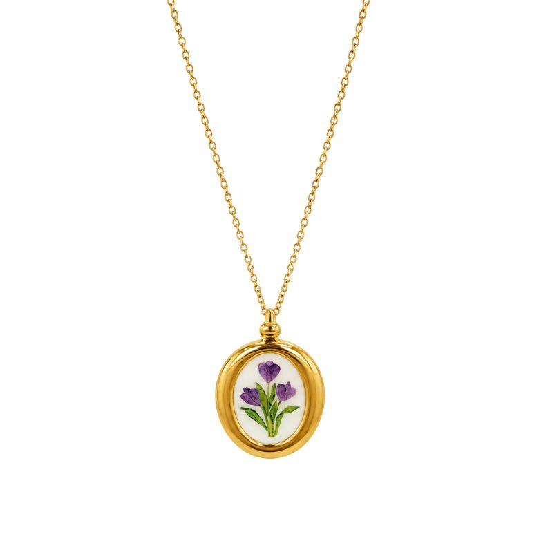 Collana fiori viola in acciaio dorato: elegante ciondolo con motivo floreale.