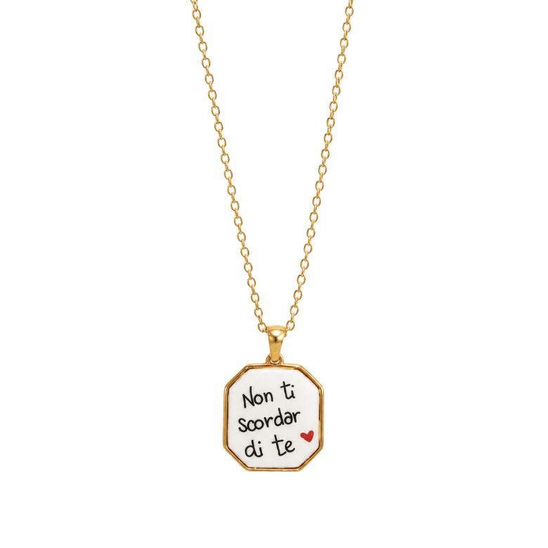 Collana Non ti scordar di te in acciaio dorato con ciondolo ottagonale e scritta.
