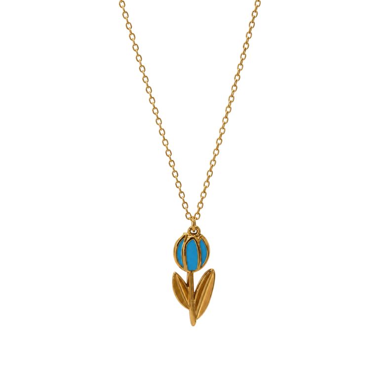 Collana tulipano azzurro in acciaio dorato. Ciondolo a forma di tulipano blu su catena dorata.