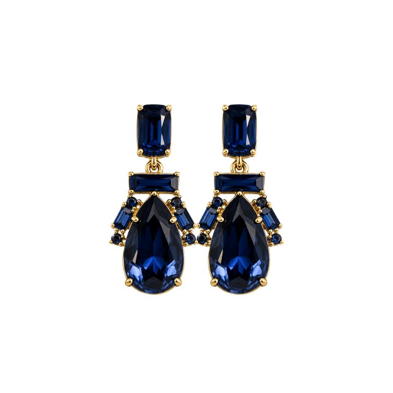Eleganti orecchini blu con maxi goccia e pietra baguette in acciaio dorato, perfetti per ogni occasione.